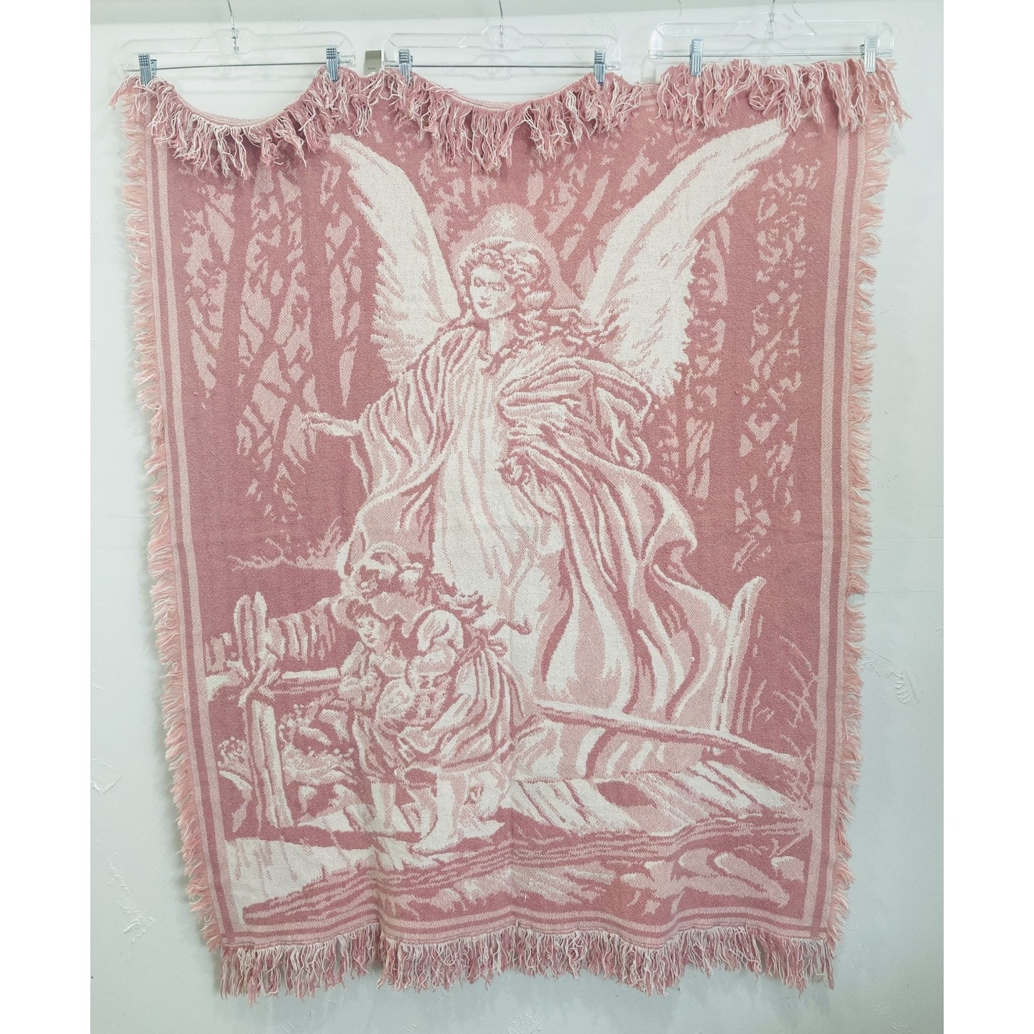 Guardian Angel Helping Child Pink Tapestry Woven Throw Blanket Fringe Fence Woma