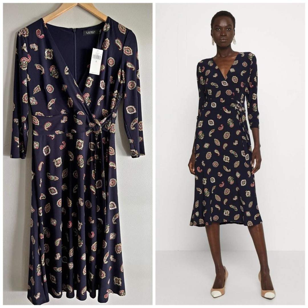 NEW Lauren Ralph Lauren navy floral medallion paisley midi jersey dress