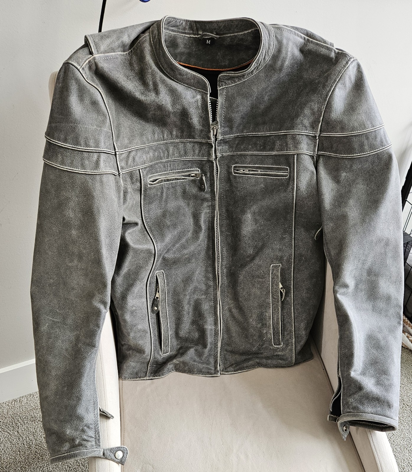 Mens Gray Papas Leather Oklahoma Motorcycle Jacket. Size Medium.