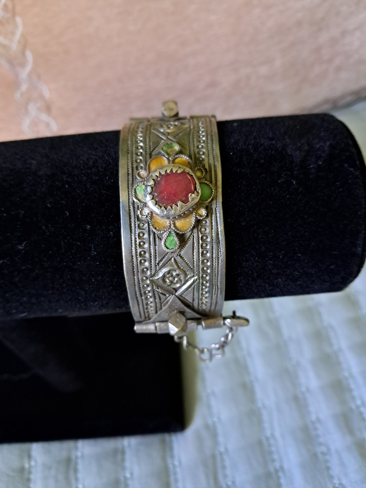 Antique Moroccan Sterling Silver Berber Cuff Bracelet w/ Red Cabochon & Enamel