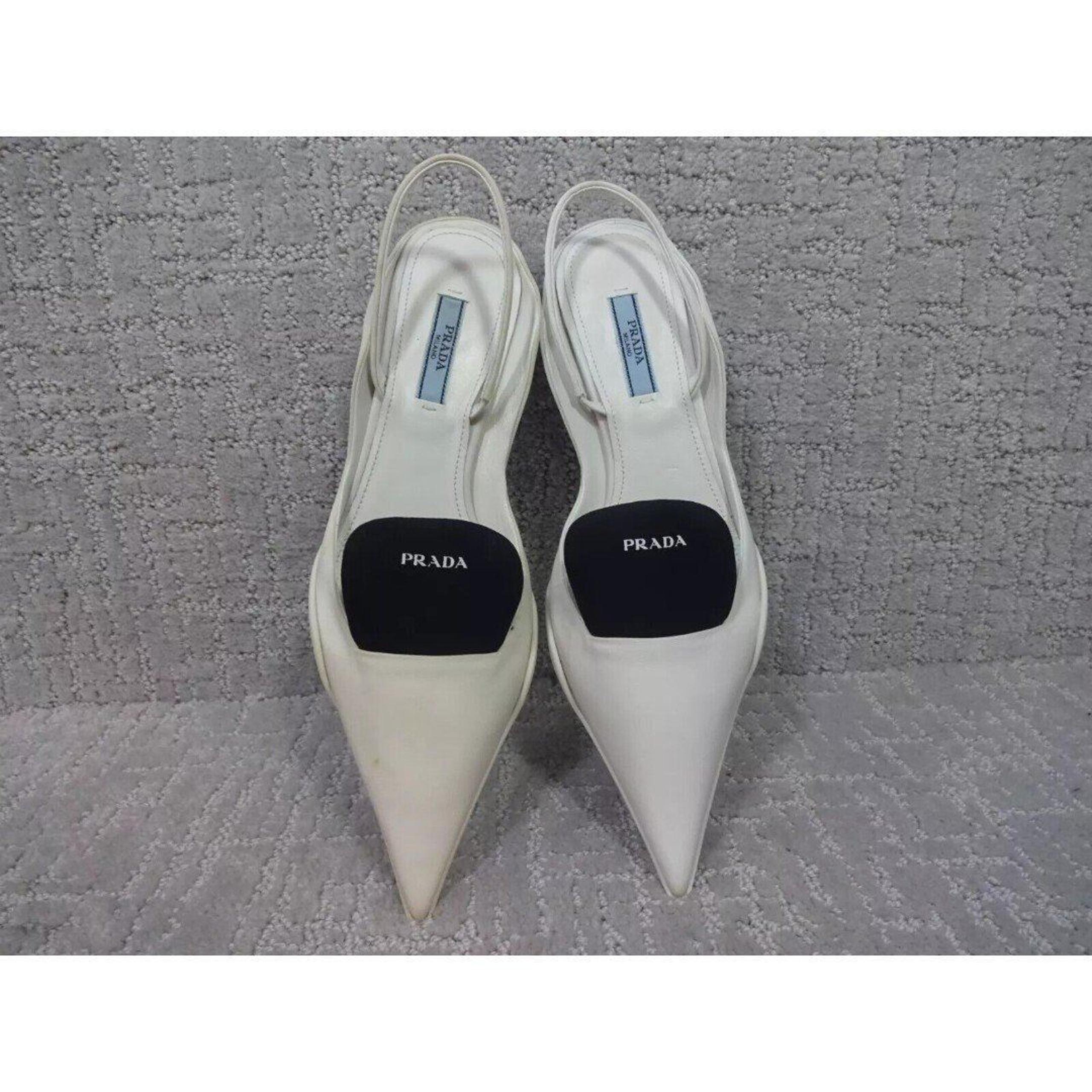 Prada Nylon Kitten Heel Logo Slingback Pumps Size 36.5 / 6 US White Black