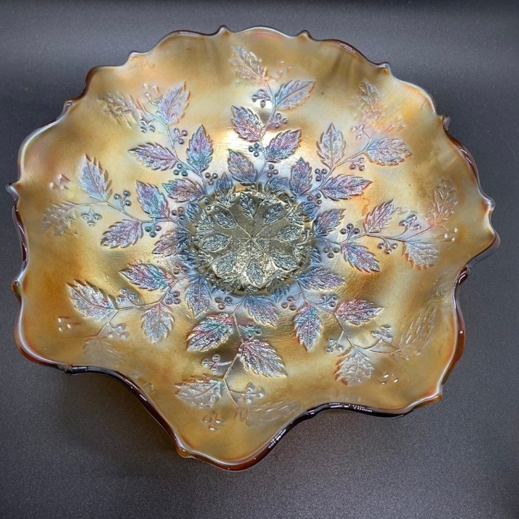 Fenton Powder Blue Holly Carnival Glass Ruffled Bowl
