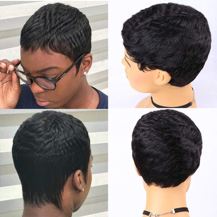 Short Human Hair Pixie Wigs Pixie Cut Short Black Wavy Wigs Layered Shor