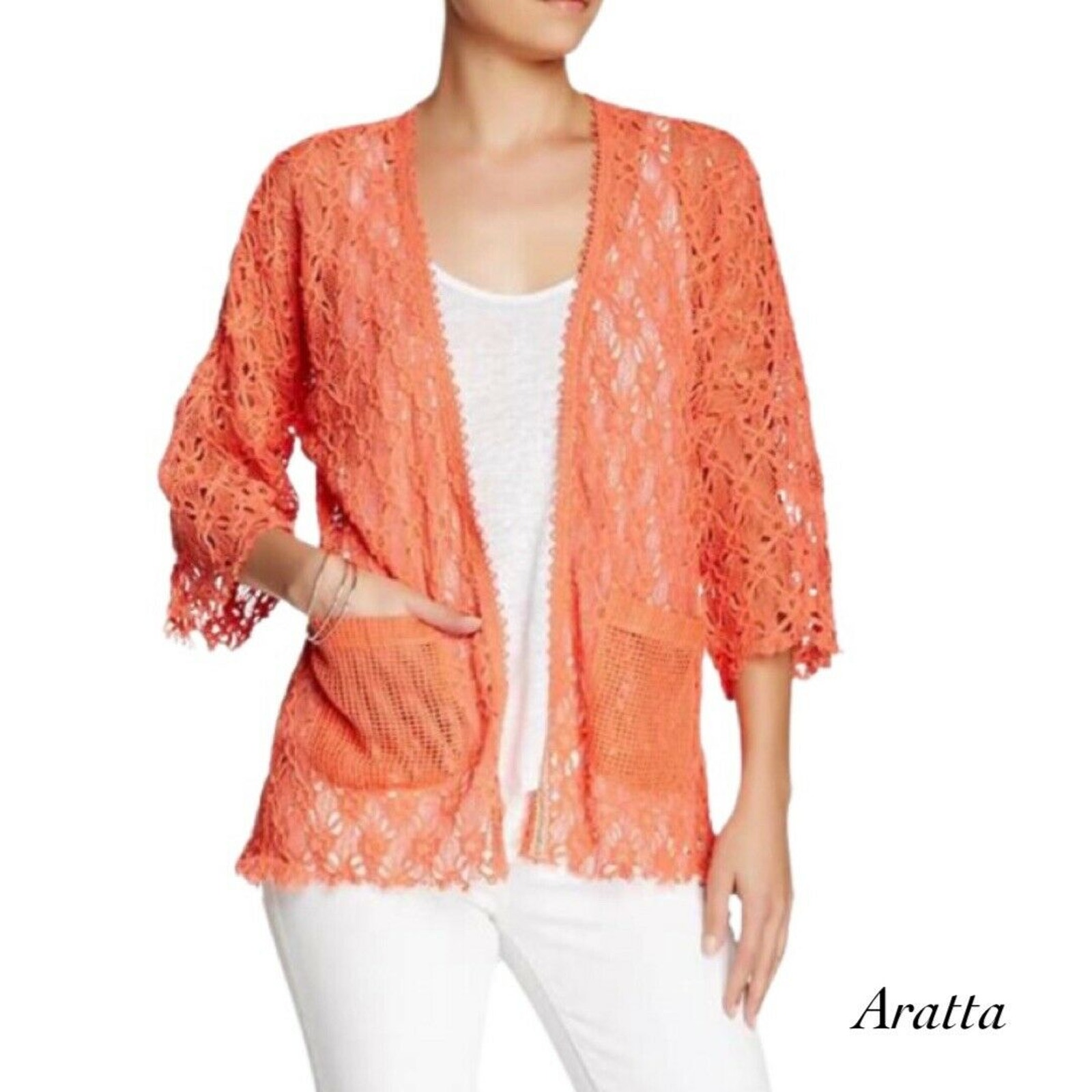 Aratta Faberbe Coral Raw Hem Lace Knit Open Front Kimono Cardigan NWT Size S