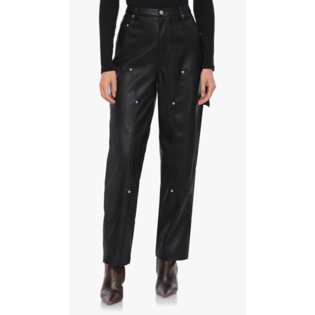 Faux Leather Baggy Carpenter Pants with Embellishment