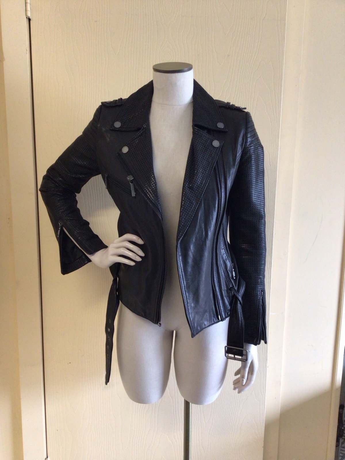 BCBG Leather laser cut perforated detail moto jacket