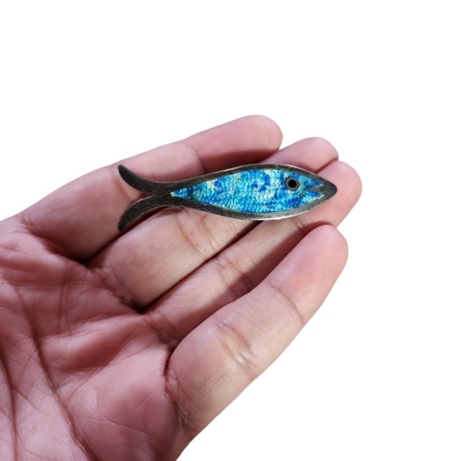 Vintage Taxco Mexico Sterling Silver 925 Enamel Fish Pin Brooch Blue Green 2