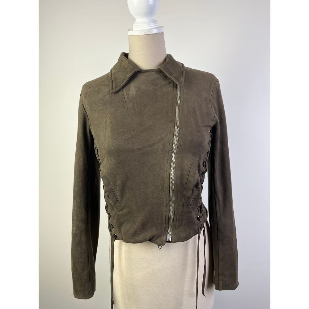Lulus Olive Green Suede Steam Punk Moto Jacket with Lace-Up Details Size Small