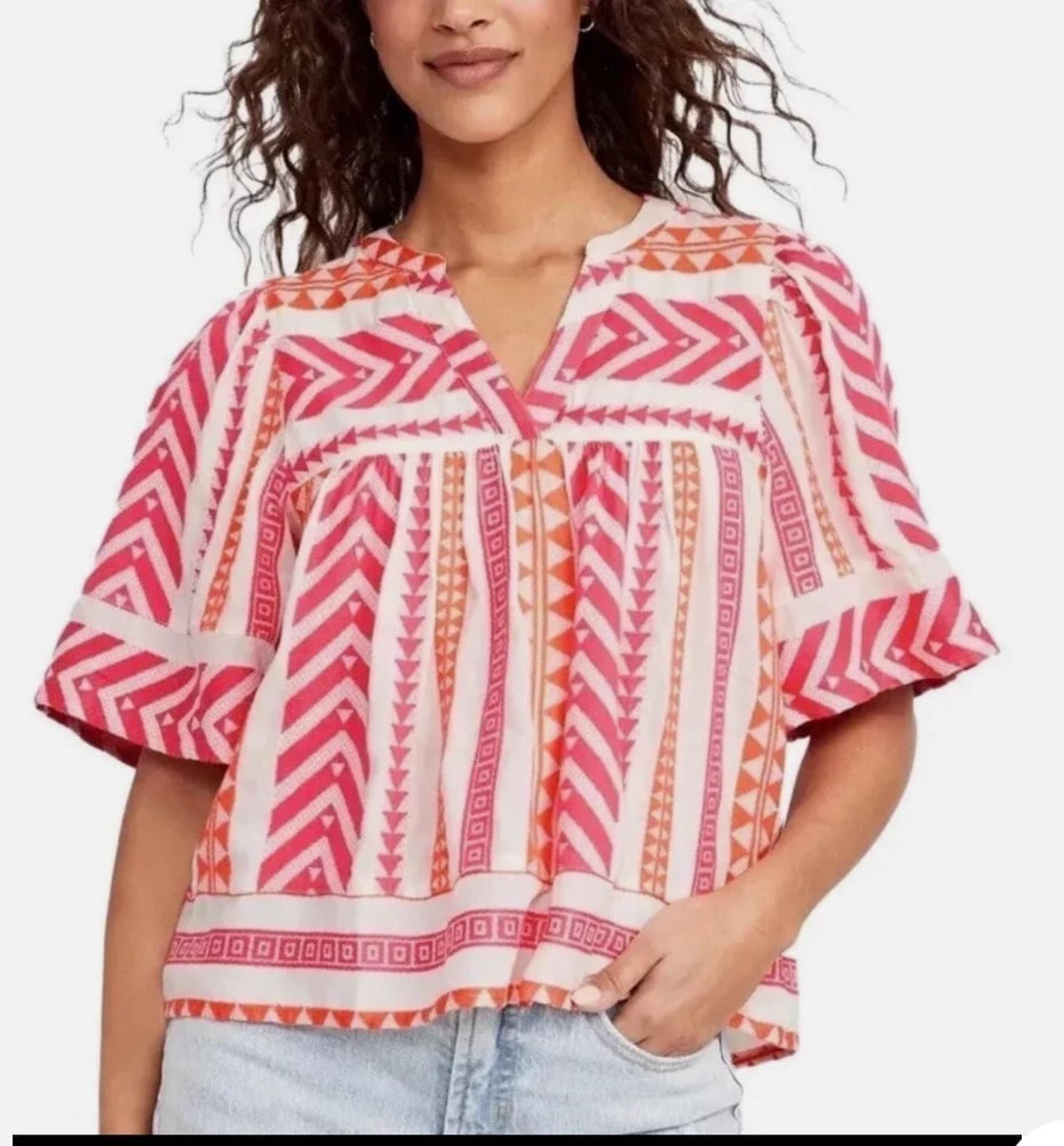 Women’s Old Navy Split Neck Orange & Pink Geo Print Size M