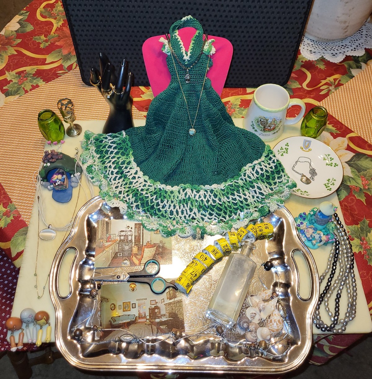 Vintage/Estate Lot~Greens Silver Plate Tray Rings Jewelry Collectables & More