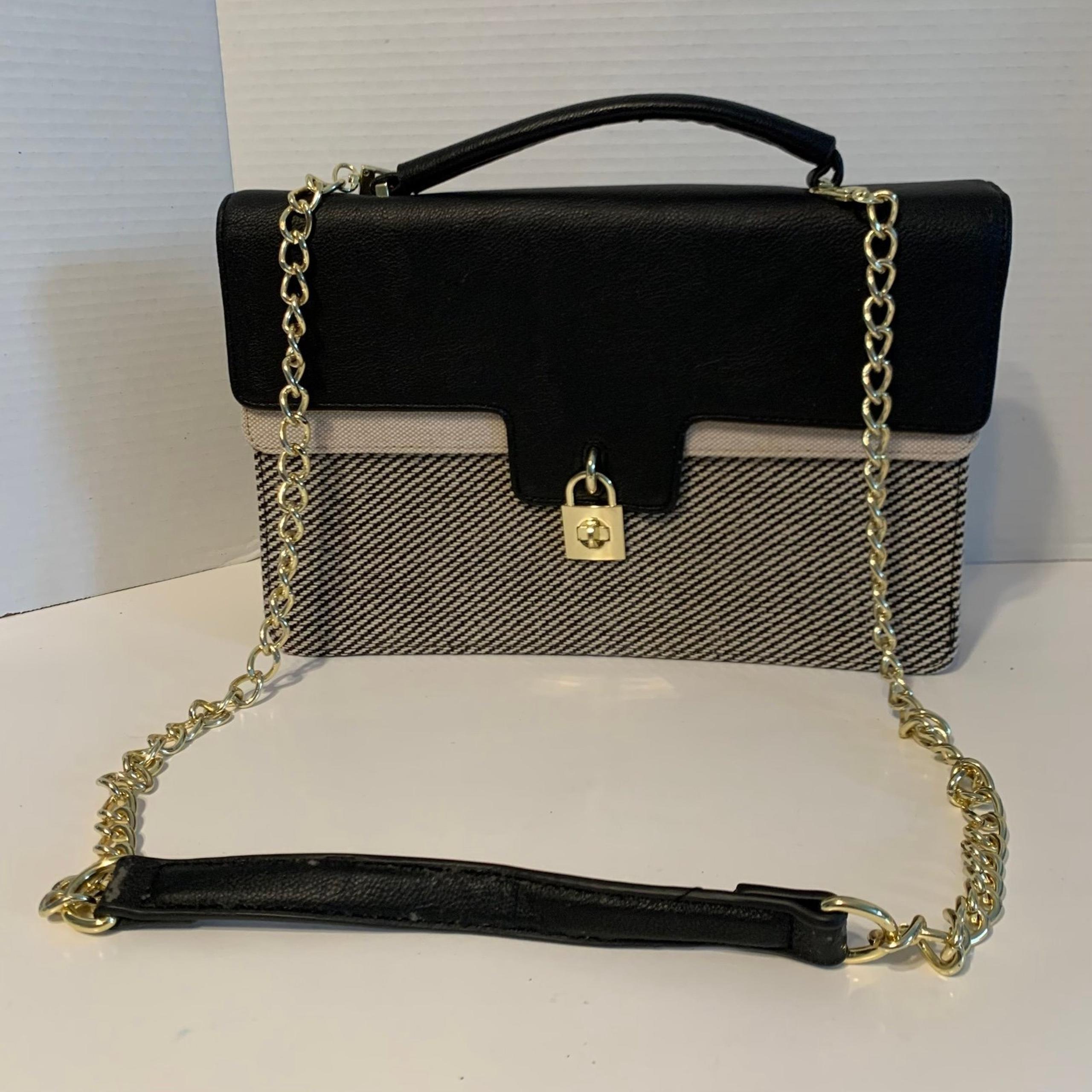 Olivia + Joy Navy Tweed Handbag Gold Chain Handle Large Crossbody Bag Turn Lock