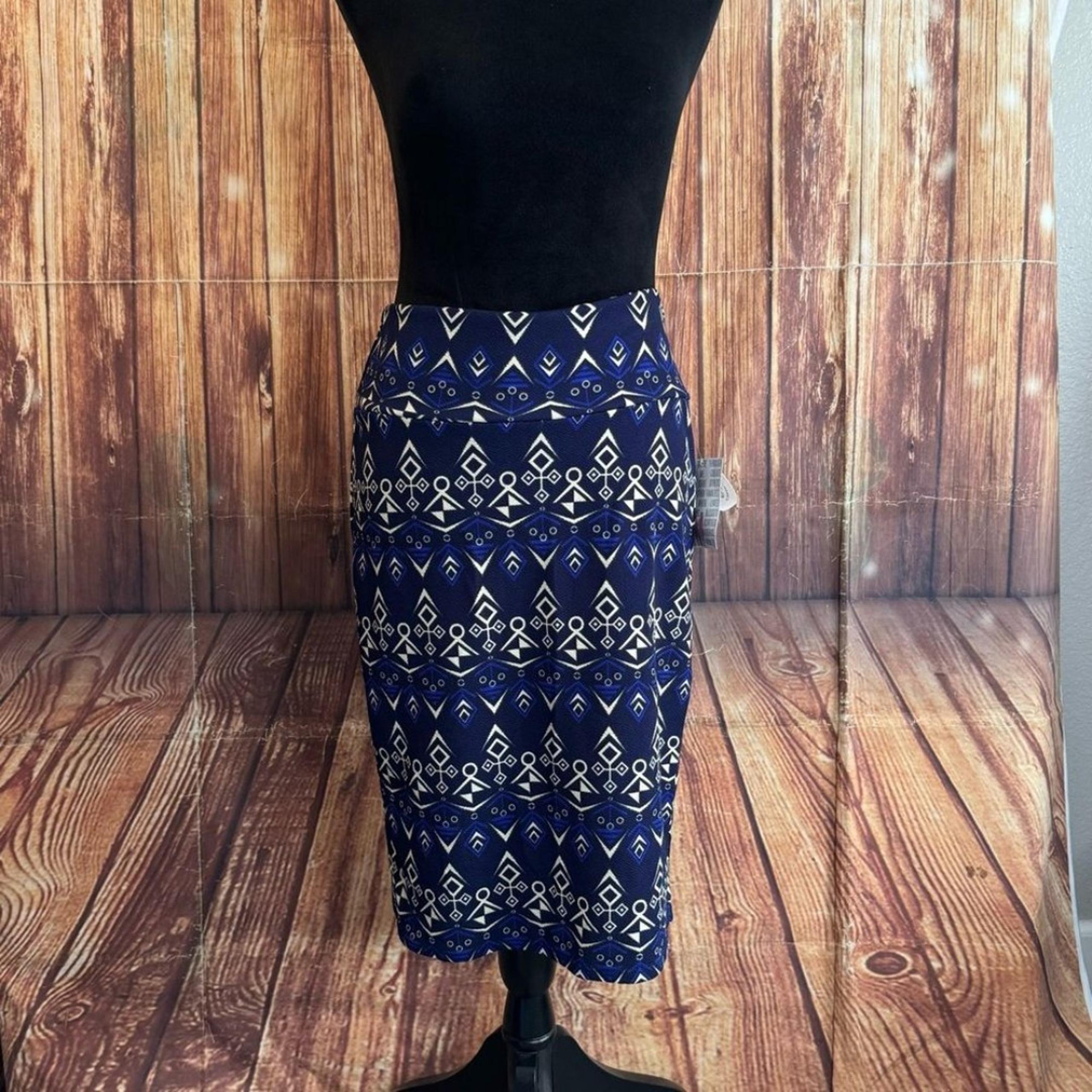 LulaRoe Women’s Pull On Knee Length Blue Geometric  Pencil Skirt Size Medium