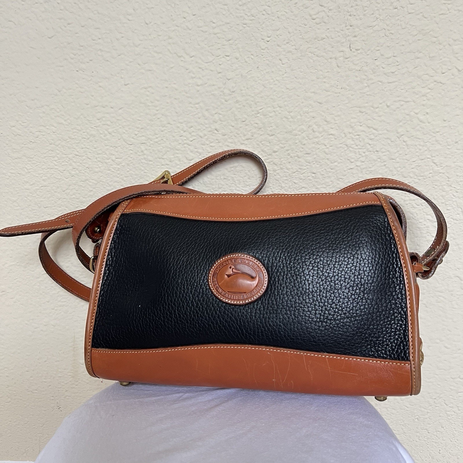 Vintage Dooney & Bourke Footed Satchel Purse Black & Brown Leather Shoulder Bag