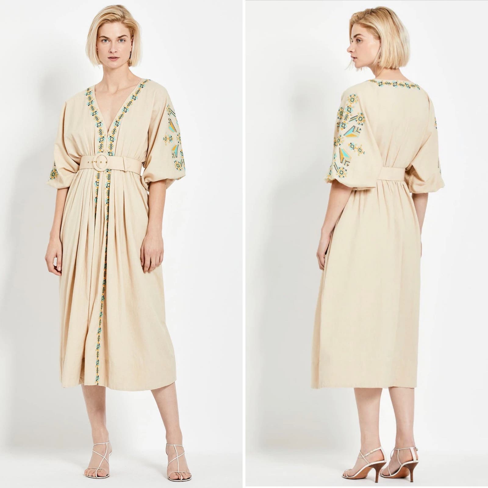Nicholas Neesha Kaftan Belted Midi Dress in Tan Size 8