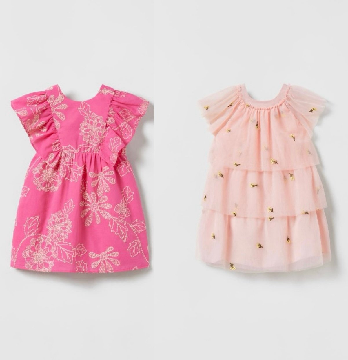 Zara 3/4 Dress Bundle, Hot Pink Flutter Sleeve, Light Pink Floral Embroidered