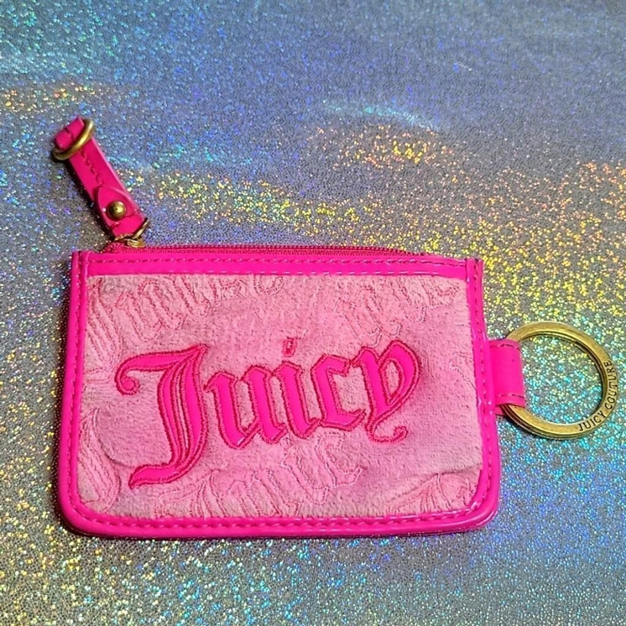 Y2K Vintage Juicy Couture Hot Pink Velour Zipper Wallet Keychain Wristlet