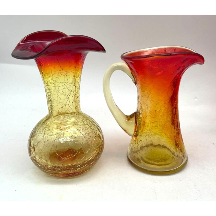 Lot of 2 Vtg Amberina Crackle Glass Kanawha Pitcher and Vase