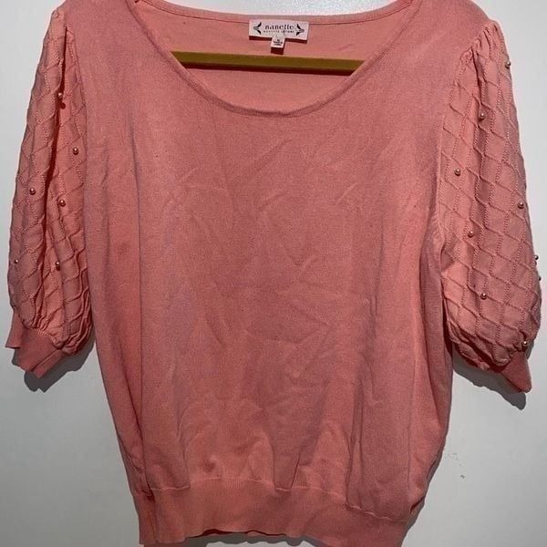 Nanette Lepore Women's Pink Ribbed Knit Beaded Sleeve Pullover Sweater Size XL