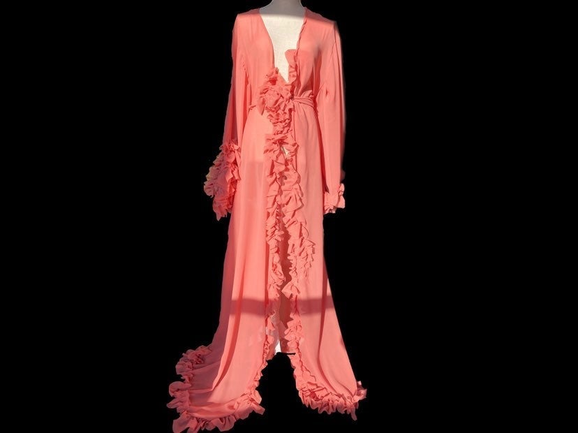 Pink Floor Length Ruffled Mesh Robe