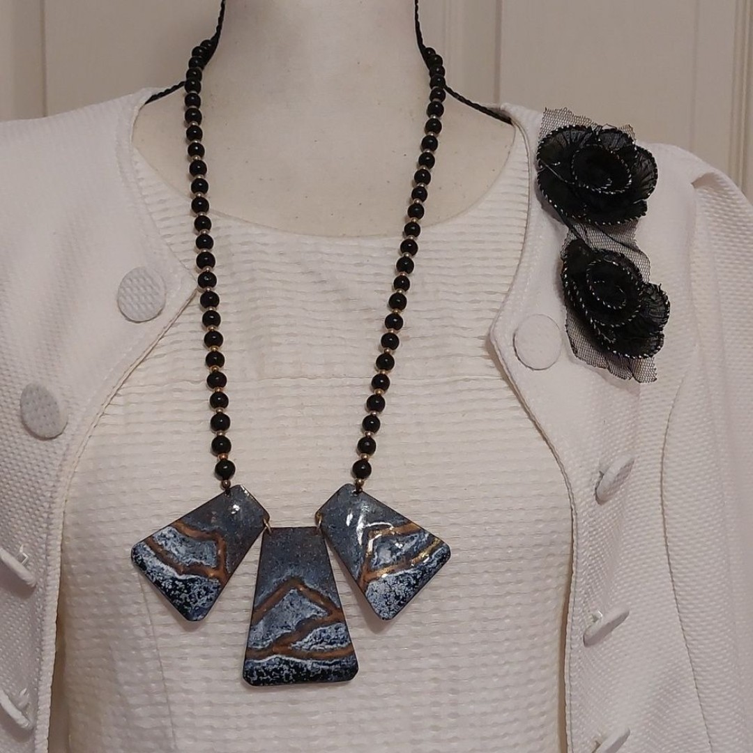 Vintage Mixed Media Enameled Copper Links Beaded Long Necklace