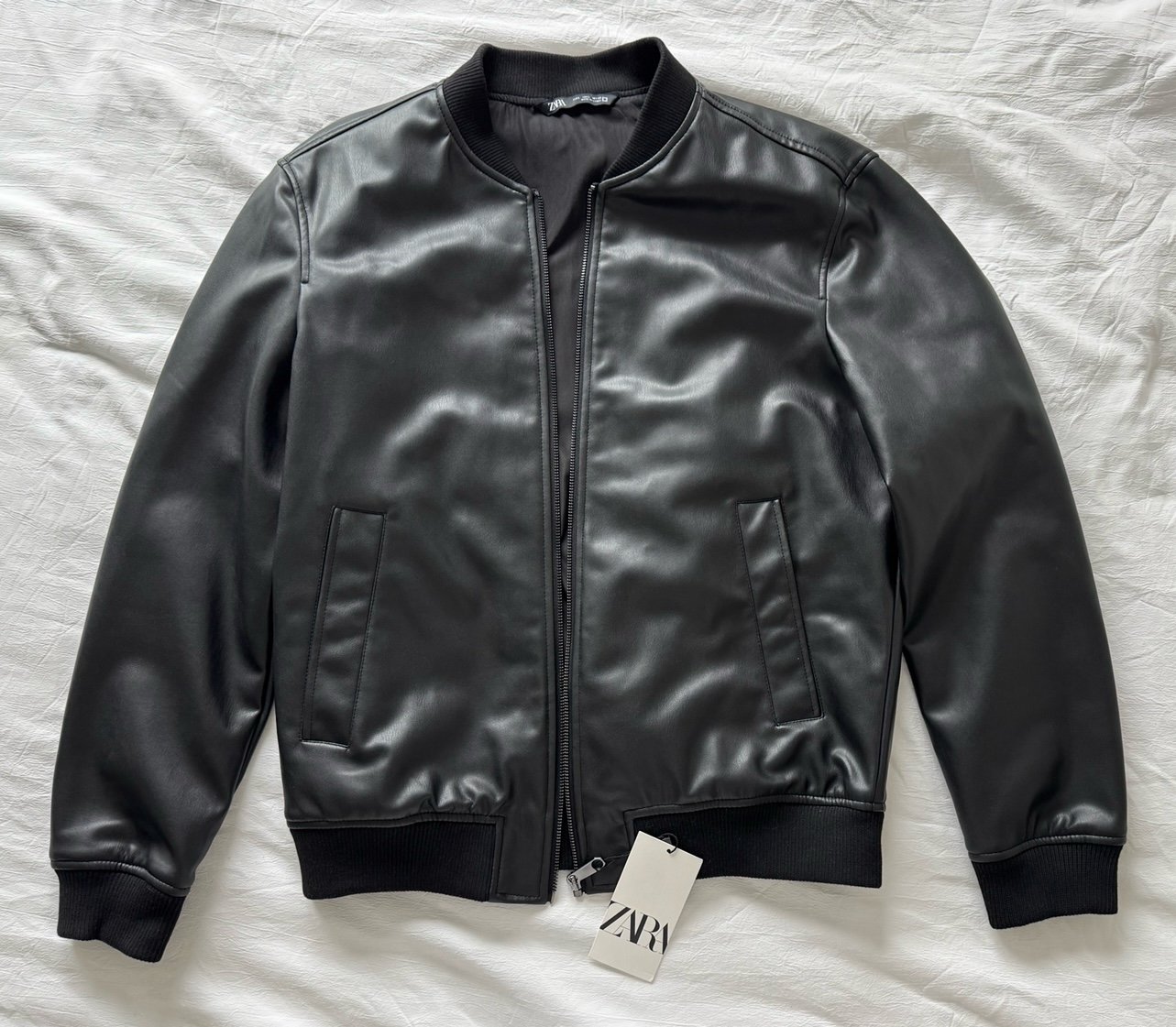 Zara Men’s Faux Leather Black Bomber Jacket - New with Tag