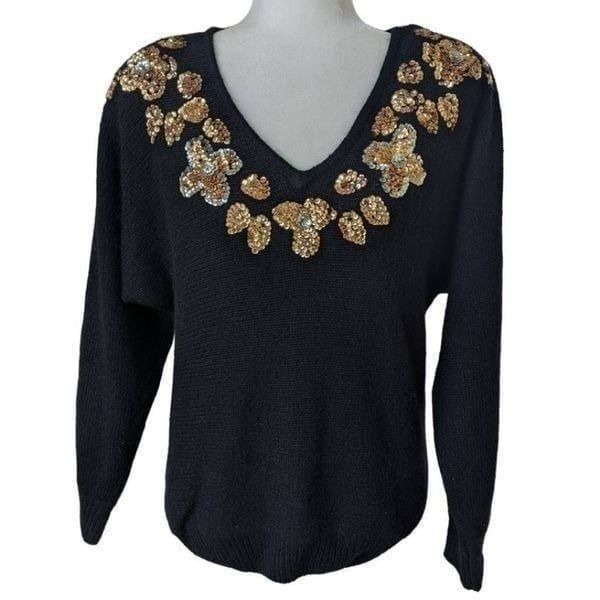 Vintage 80s 90s Sequin Embellished Silk Knit Sweater Pullover V Neck Pads Size M