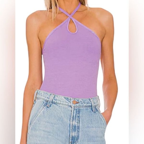 NWT Enza Costa Women’s Purple Ribbed Silk Blend Halter Keyhole Bodysuit- Size M