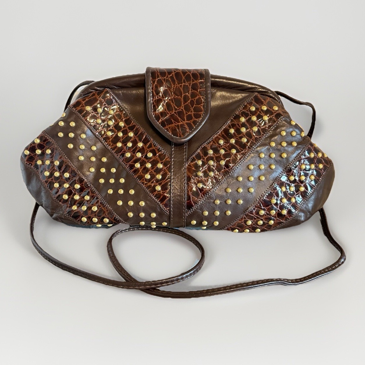 80s Vintage Brown Leather Purse with Gold Studs New Wave Glam Made In USA