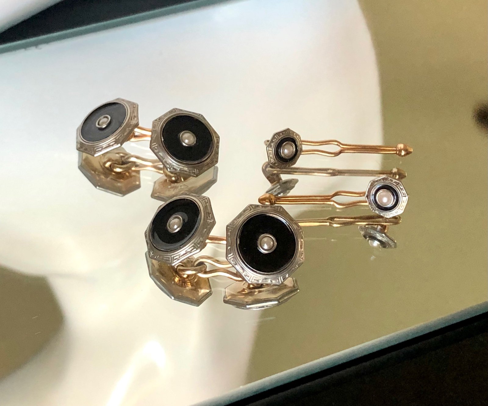 Vintage Signed Krementz Art Deco Cuff shops Links & Studs Black Enamel Gold Pearl 1930