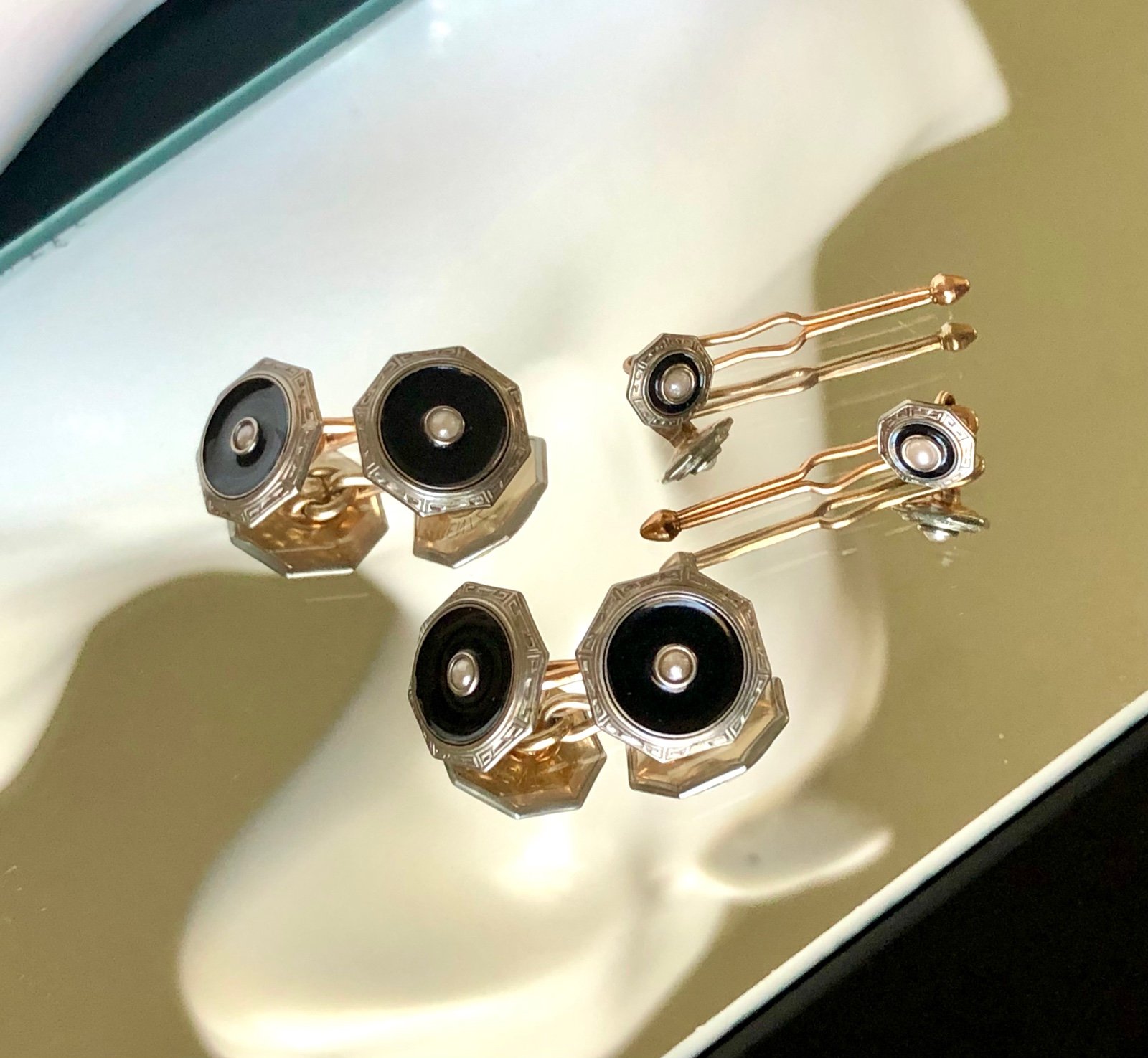 Vintage Signed Krementz Art Deco Cuff shops Links & Studs Black Enamel Gold Pearl 1930