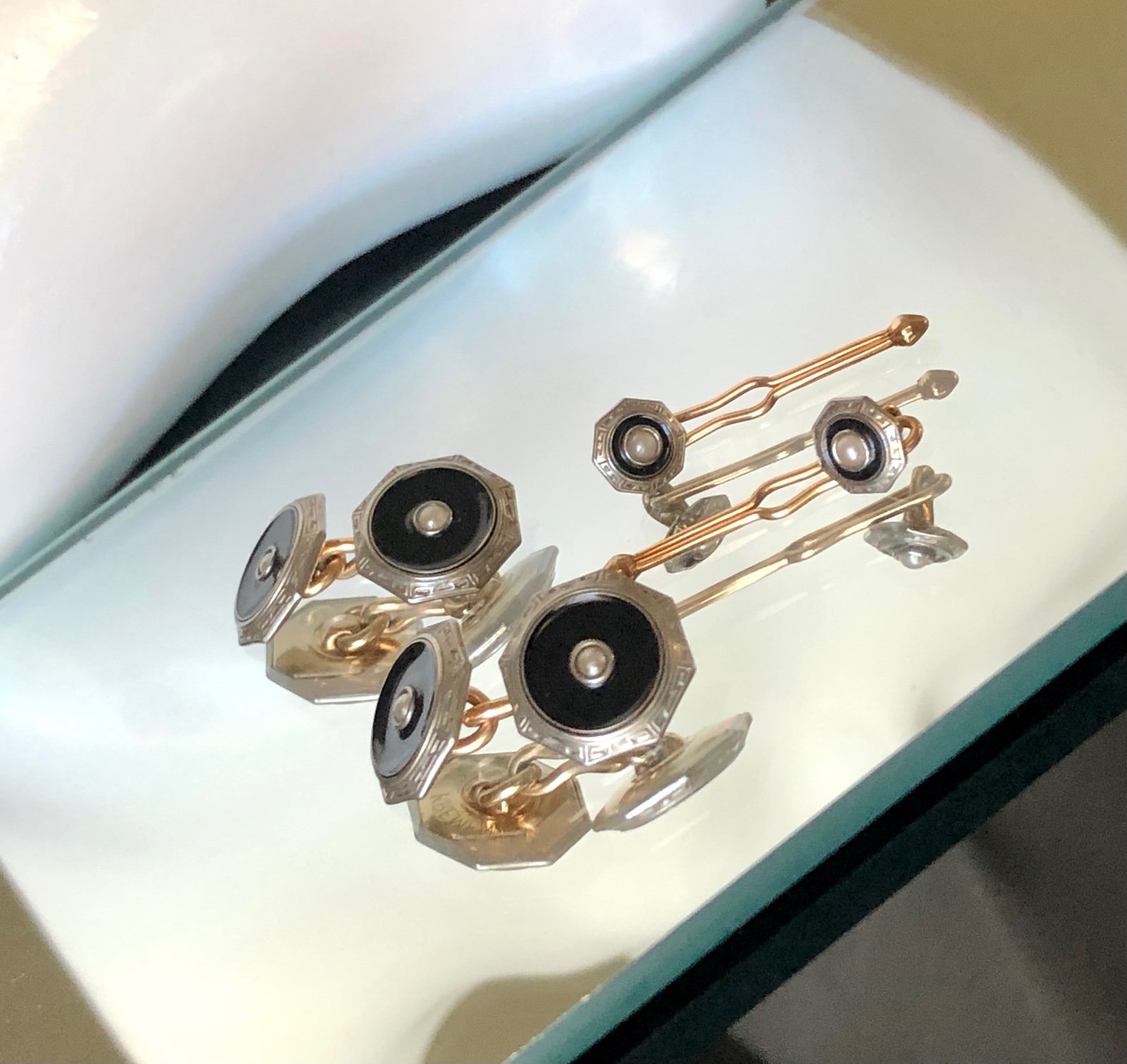 Vintage Signed Krementz Art Deco Cuff shops Links & Studs Black Enamel Gold Pearl 1930