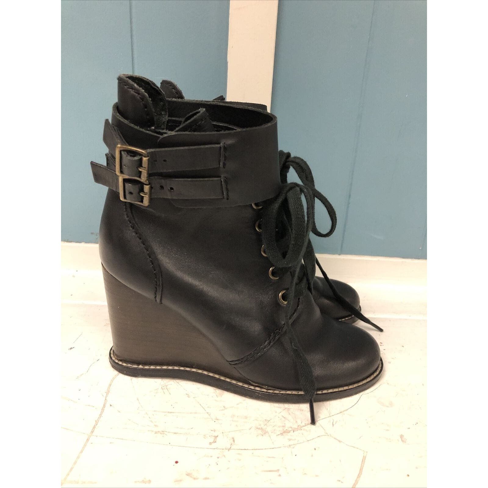 NEW SEE BY CHLOE IRLANDA WEDGE Black LEATHER ANKLE BOOTS WOMEN SZ 35.5