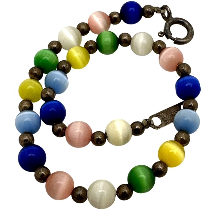 Vintage Sterling Silver 925 Cats Eye Beaded Bracelet Jordan Multi-Color Vintage