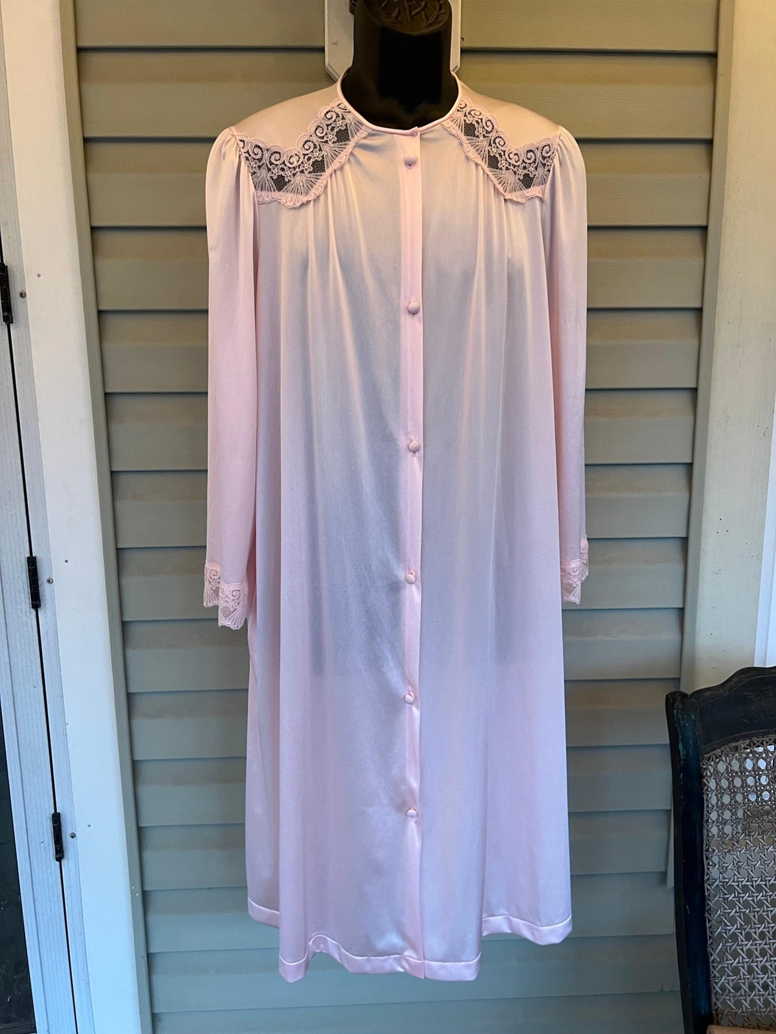 VTG Vanity Fair Long Nylon Night Gown Embroidered Pink Button Front Made USA SzM
