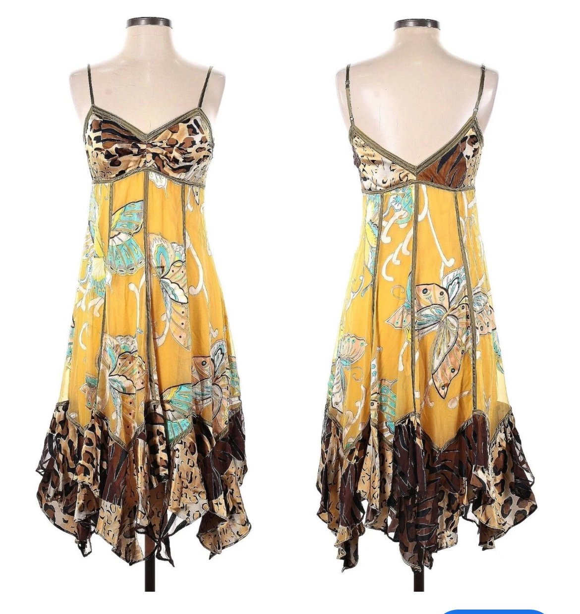 Vintage Sue Wong Yellow Silk Butterfly Leopard Dress Size 8