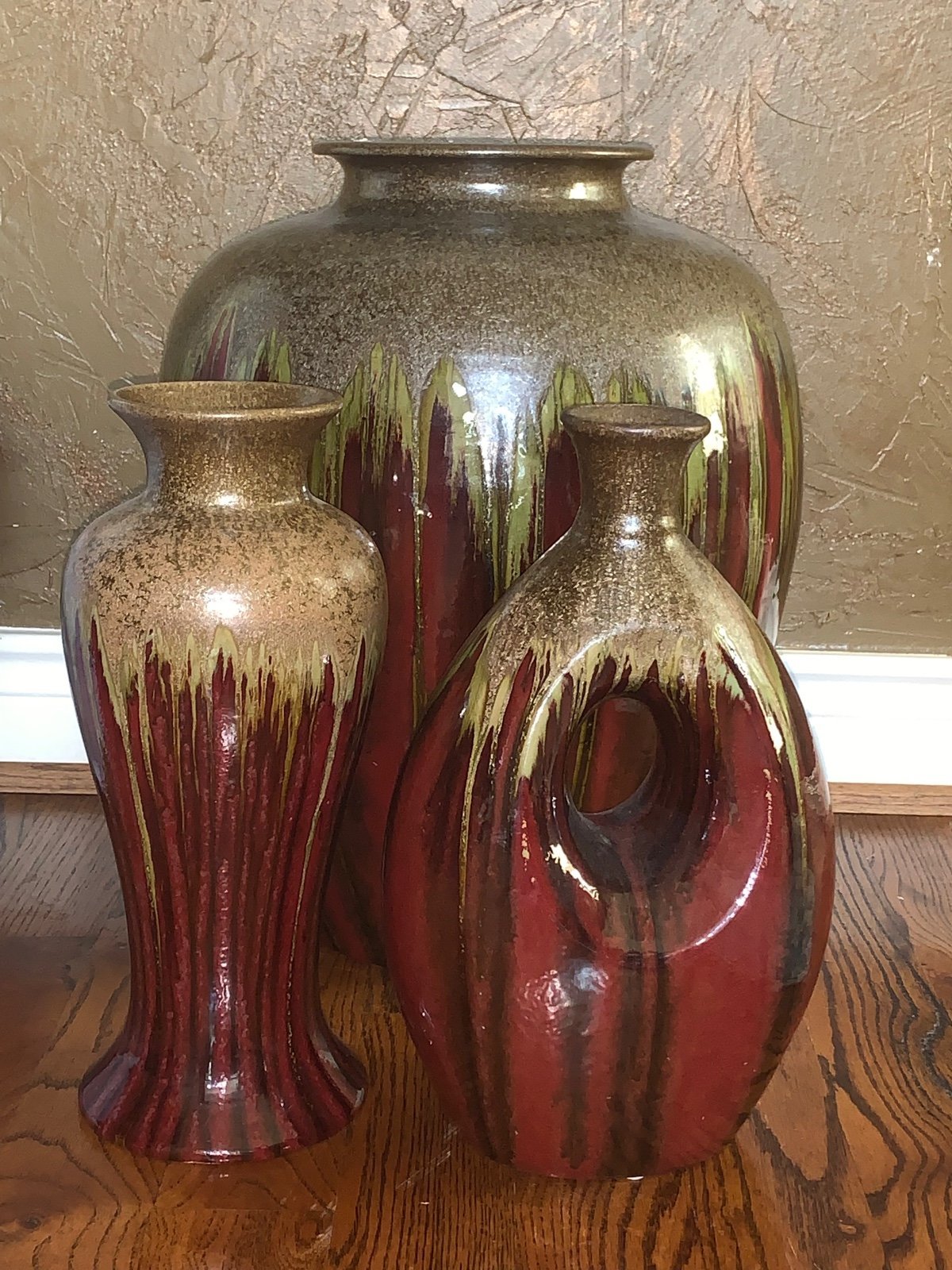 Vintage 3 Piece Drio Glaze Pottery Vase Set