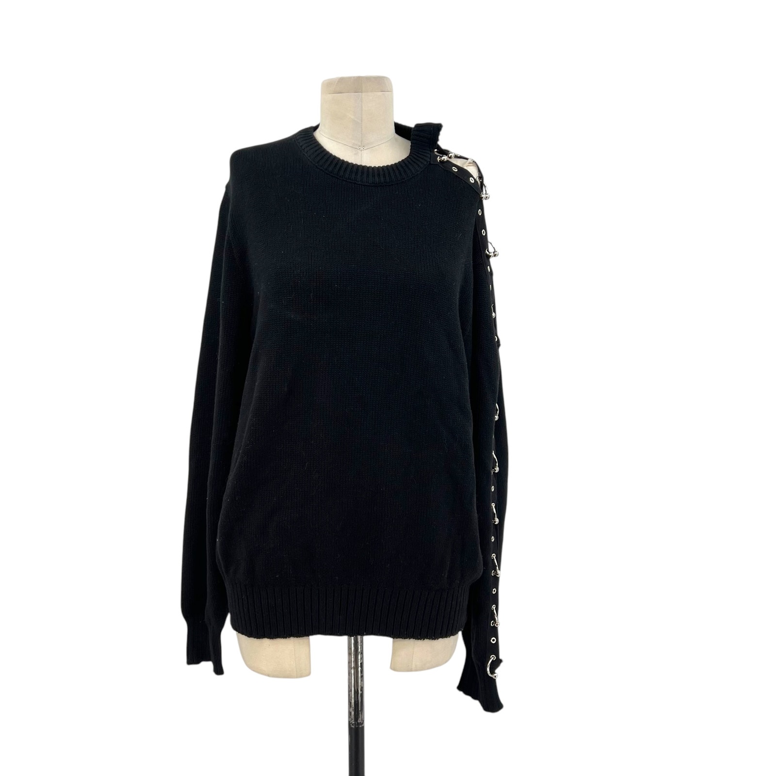 Furst of a Kind Sweater Knit Open Sleeve Grommet Ring Detail Black Size Medium