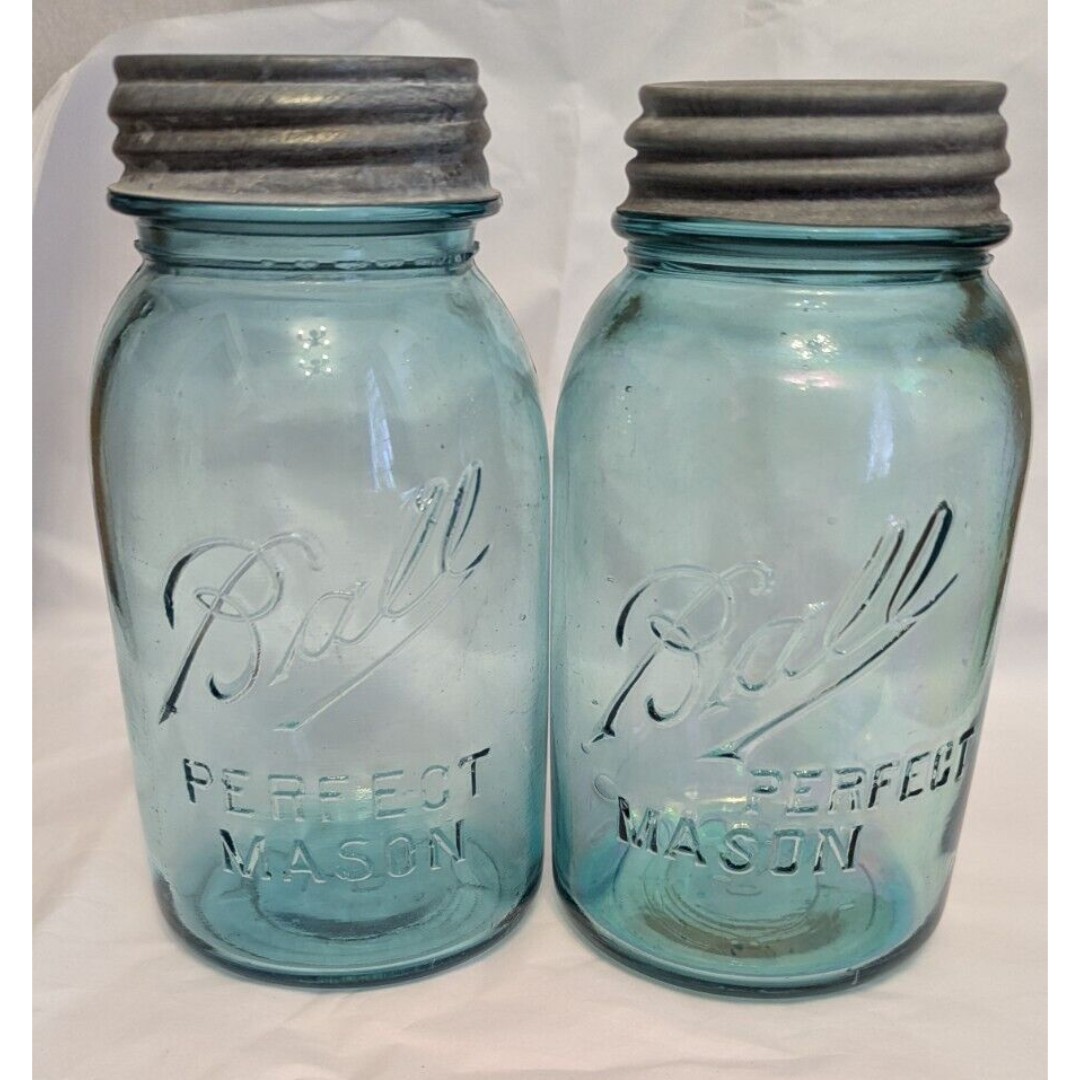 2 VTG Ball Aqua Blue Green No 9 & No 10 Quart Perfect Mason Jars With Zinc Lid