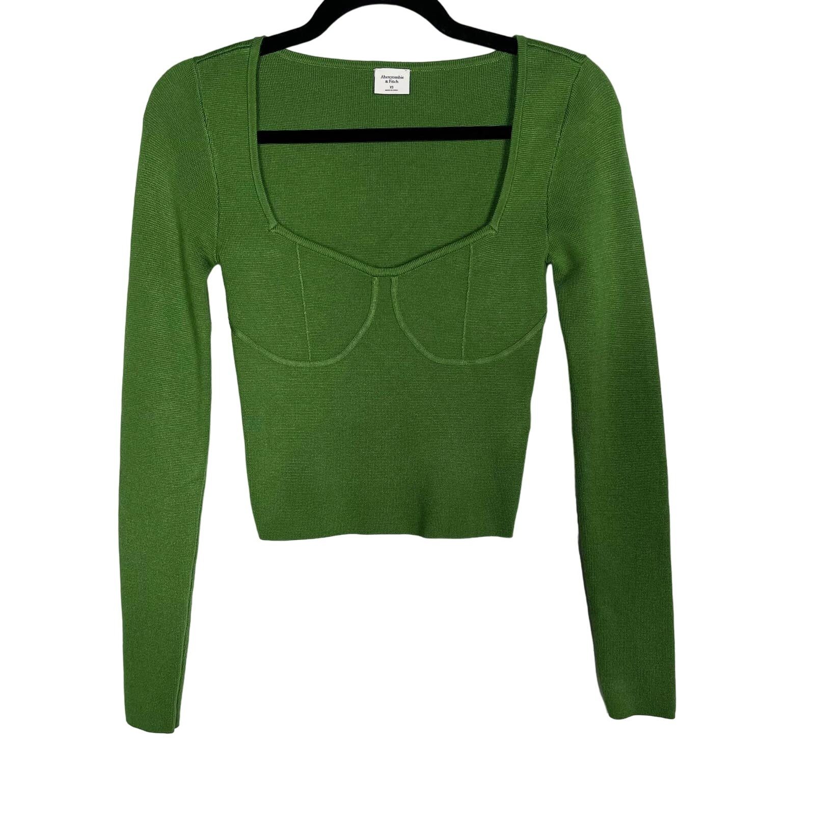 Abercrombie & Fitch Womens XS Green Corset Slim Knit Long Sleeve Cropped Sweater