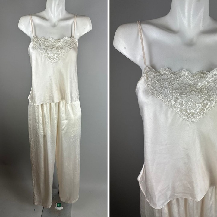 Vtg 90s Victoria's Secret Off White Satin Pajamas Cami & Pants Set Lingerie S