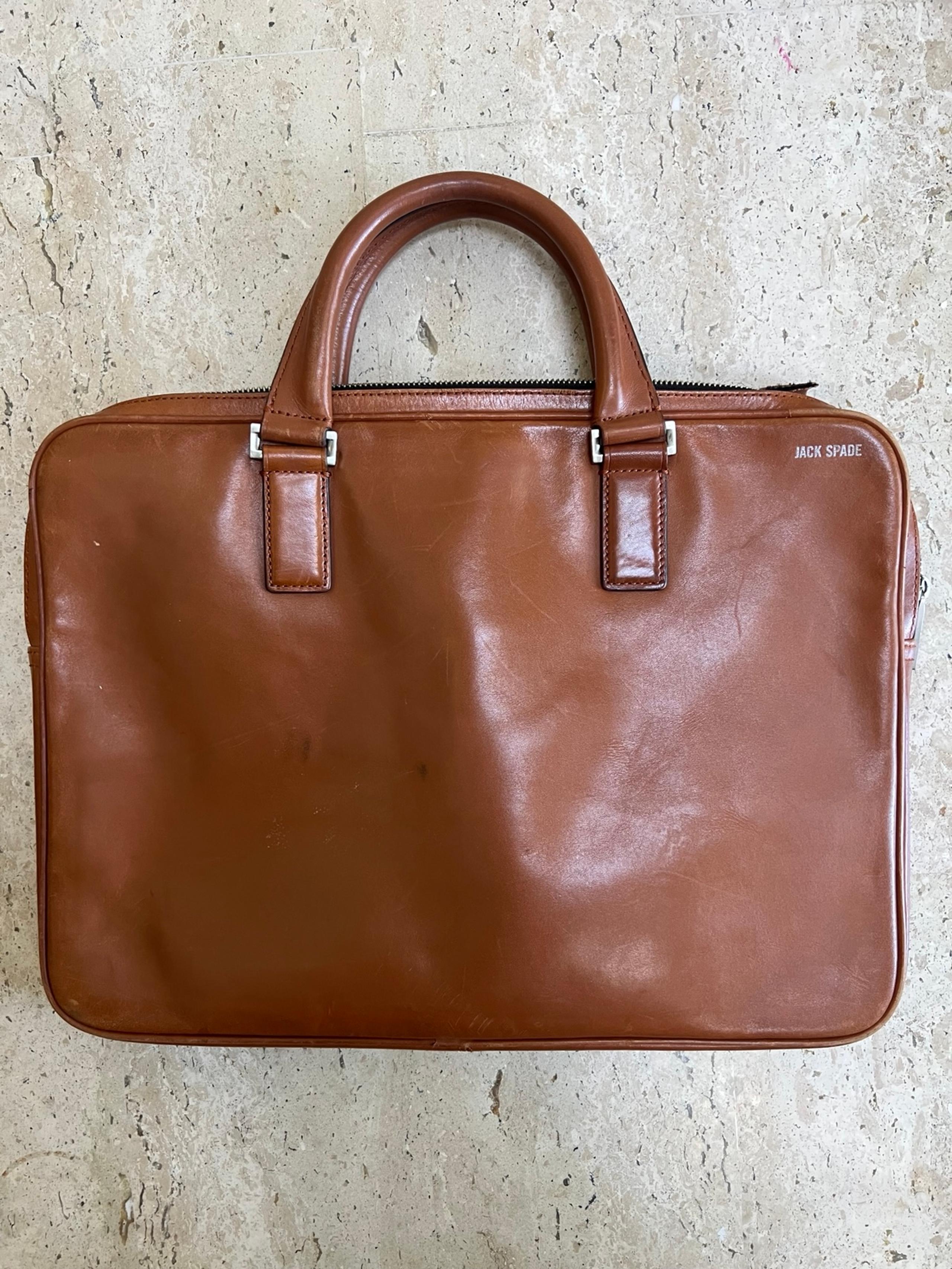 JACK SPADE Tan Solid Leather Briefcase Bag