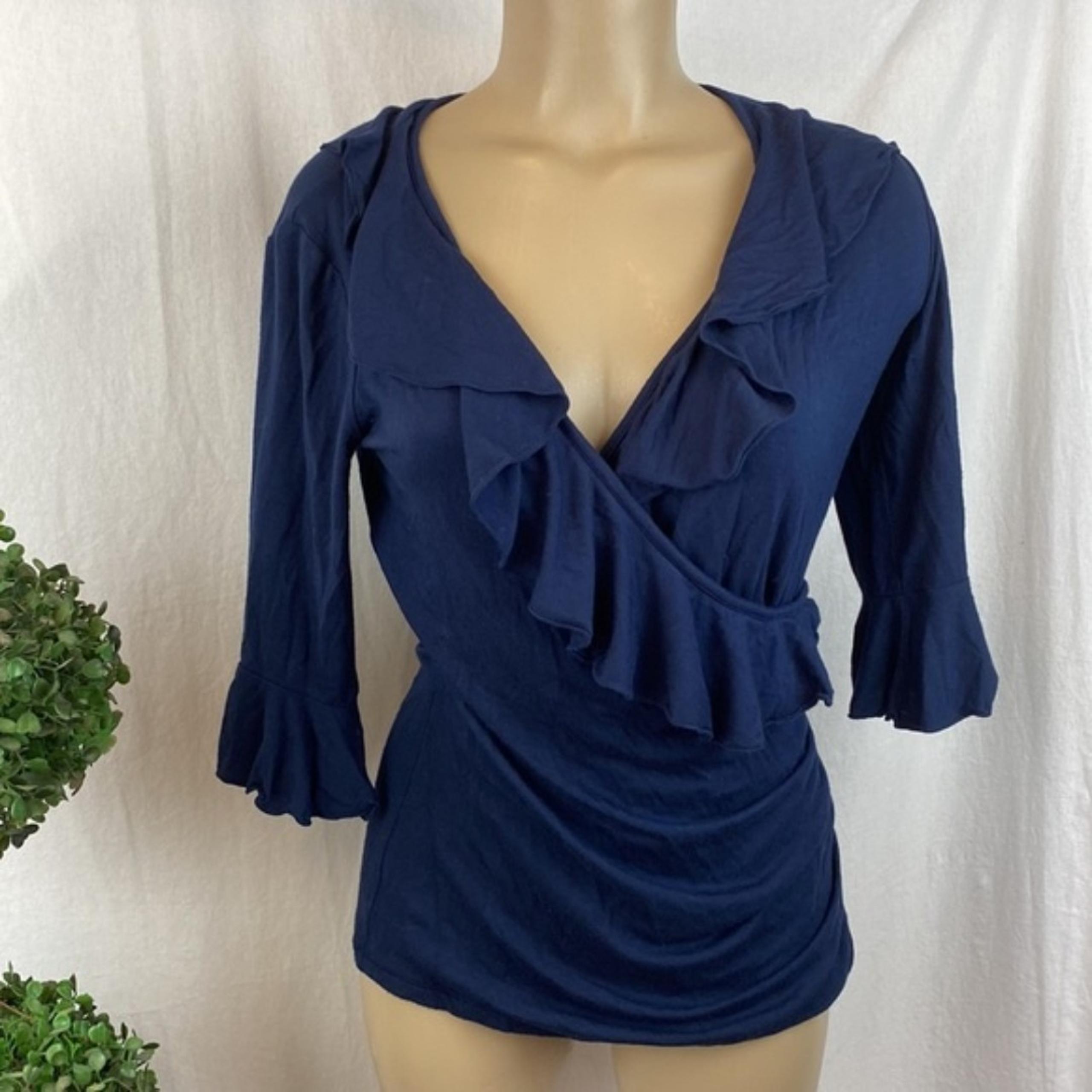 Cache Navy Blue Short Ruffle Sleeve Surplice Wrap Front Top Blouse M