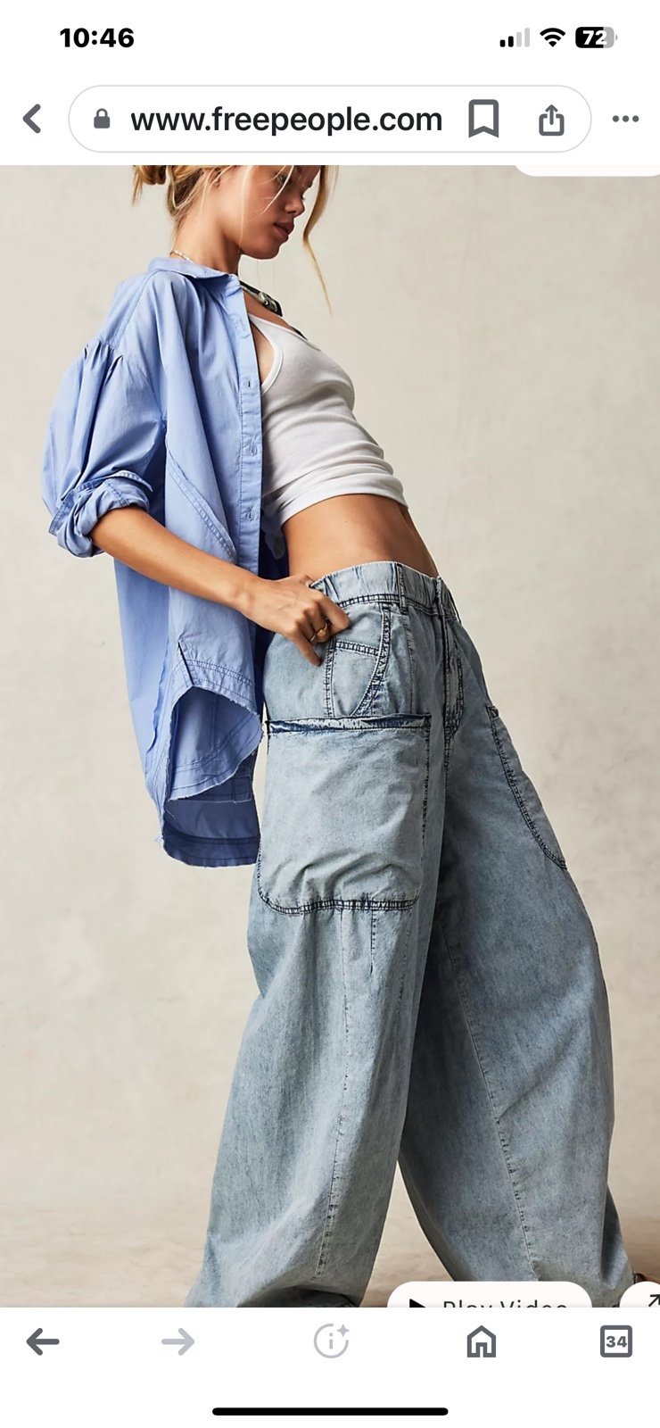 Free People Shibuya Pull On Wide Leg Jeans Slouchy Smock Waist Birthday Blue