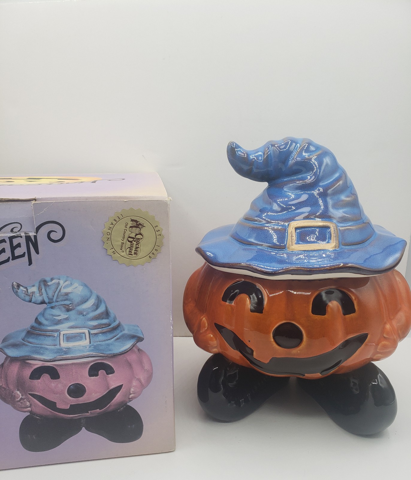Vintage Porcelain Halloween Pumpkin Candy Bowl Covered Dish Unused Heavy 9.5 H.