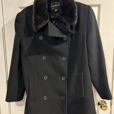 Halston Classic Pea Coat Black Wool With Brown Faux Fur Trim Size 8