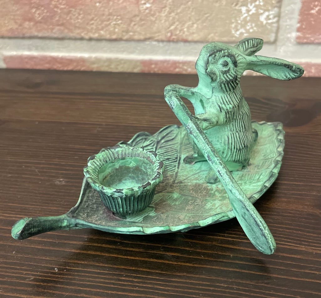 Vintage Archana Bronze Rabbit Bunny on Leaf Boat Paddle Candle Holder Figurine
