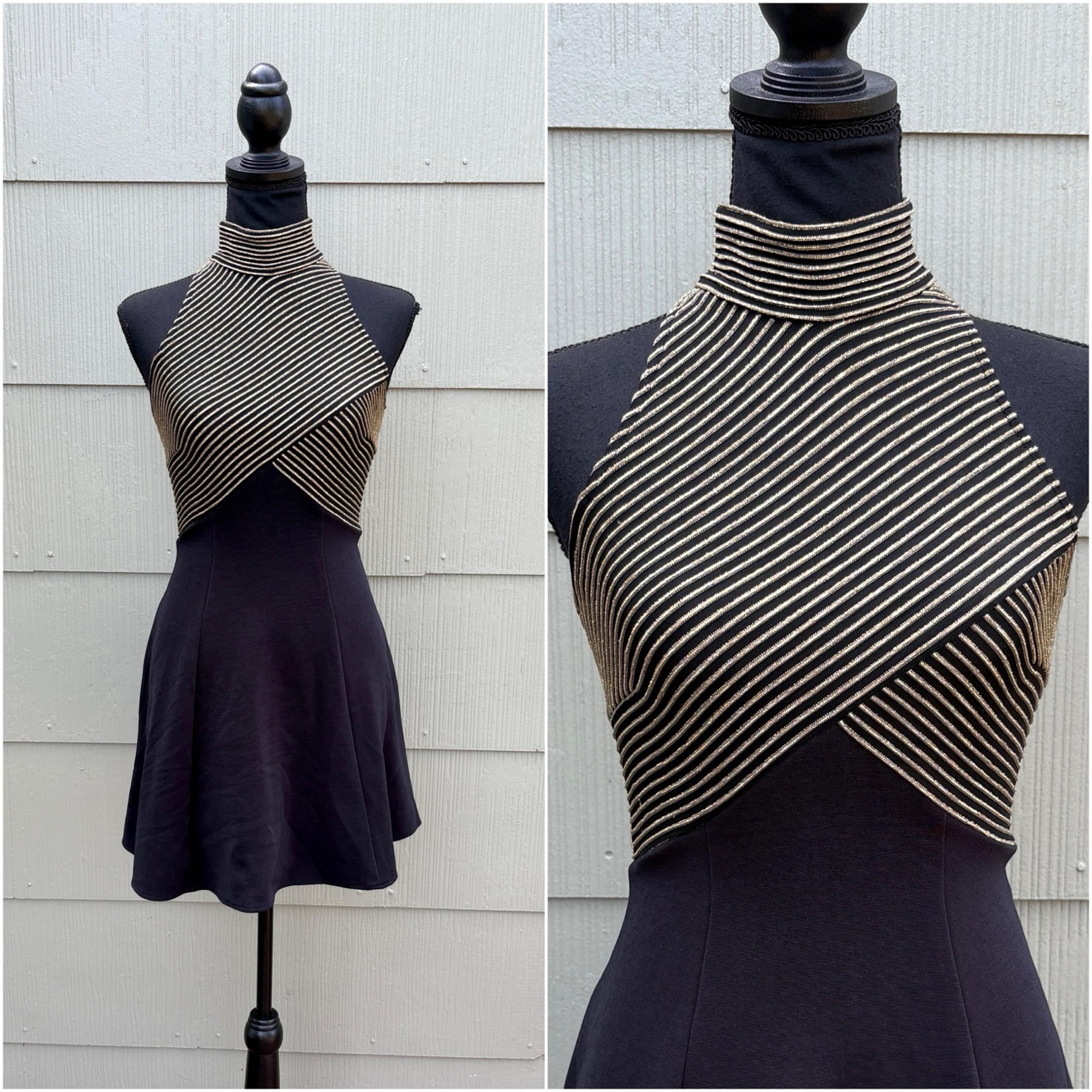 vtg VIJACK 80s 90s Glam Metallic Mock Neck Sleeveless Fit & Flare Cocktail Dress