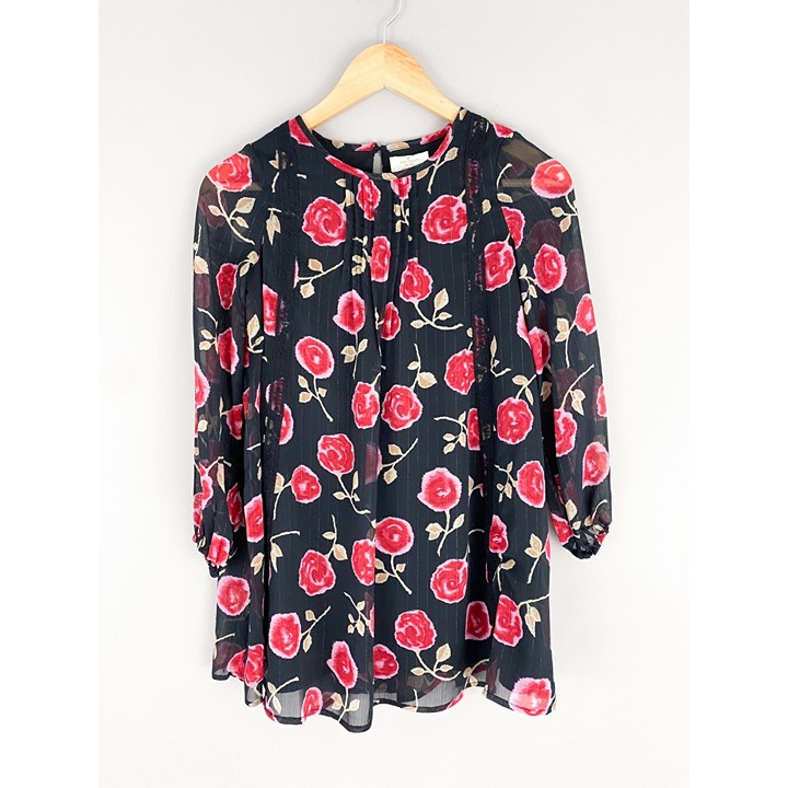 Kate Spade New York Black Red Rose Floral Long Sleeve Chiffon A Line Dress 10y