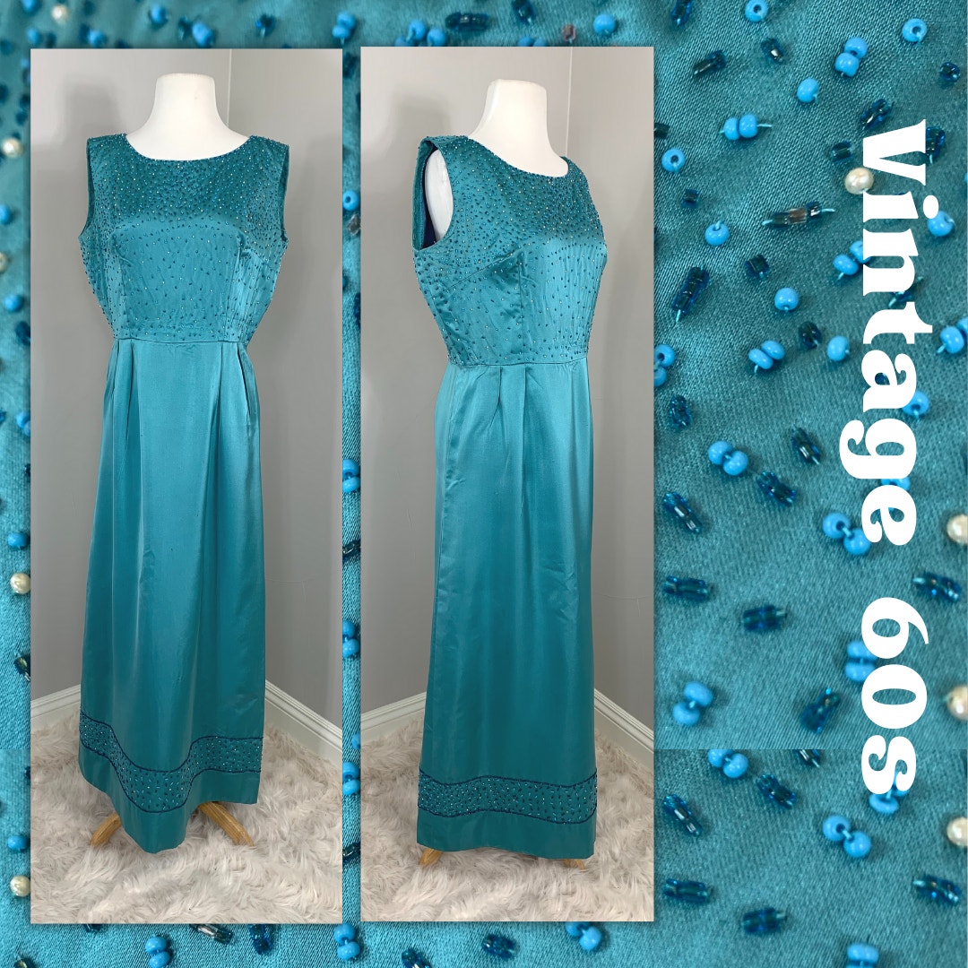 Vintage 60s Beaded Maxi Blue Dress Midcentury Special Occasion Wedding Guest