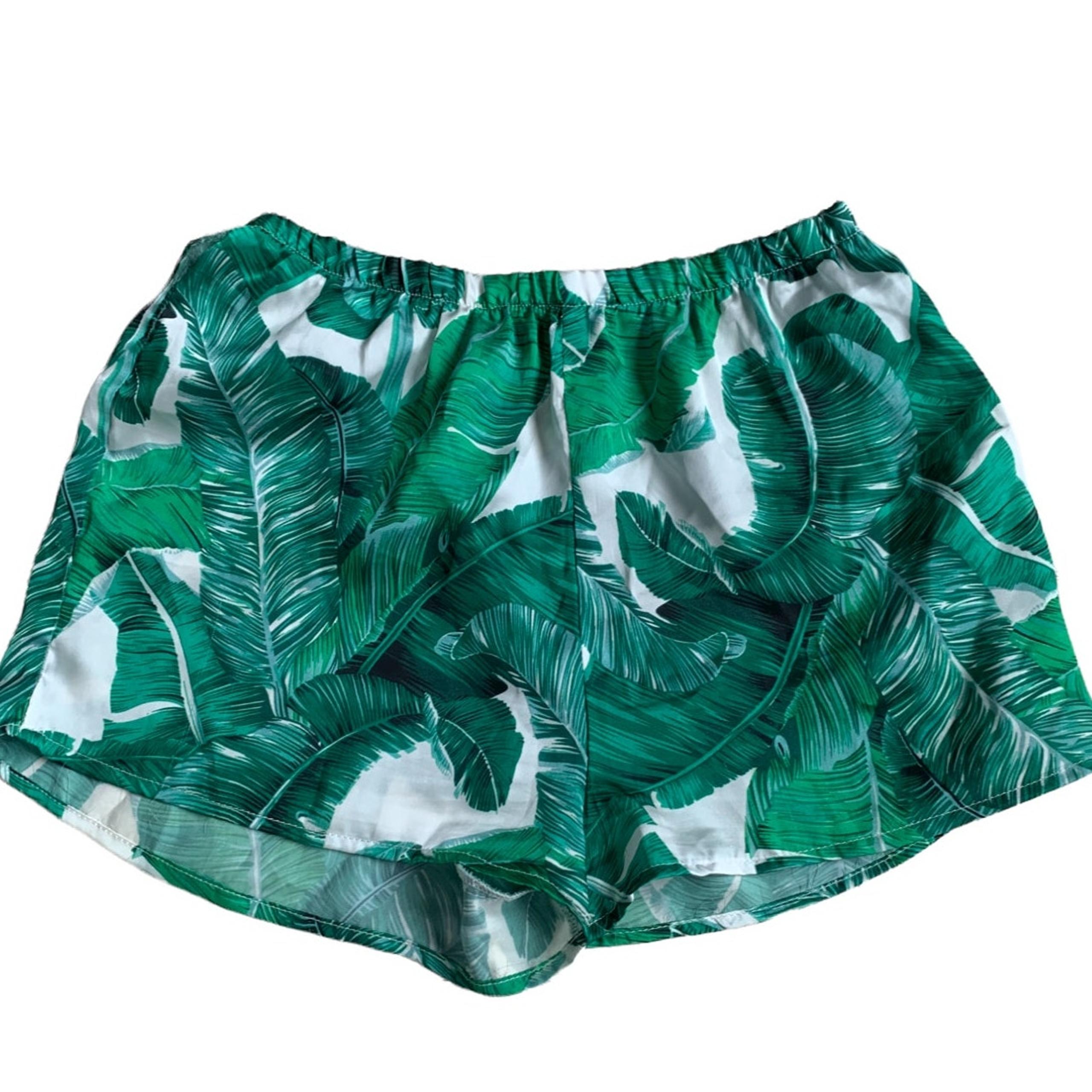 Shein Shorts Womens Small Green White Tropical Print High Rise Stretch Waist